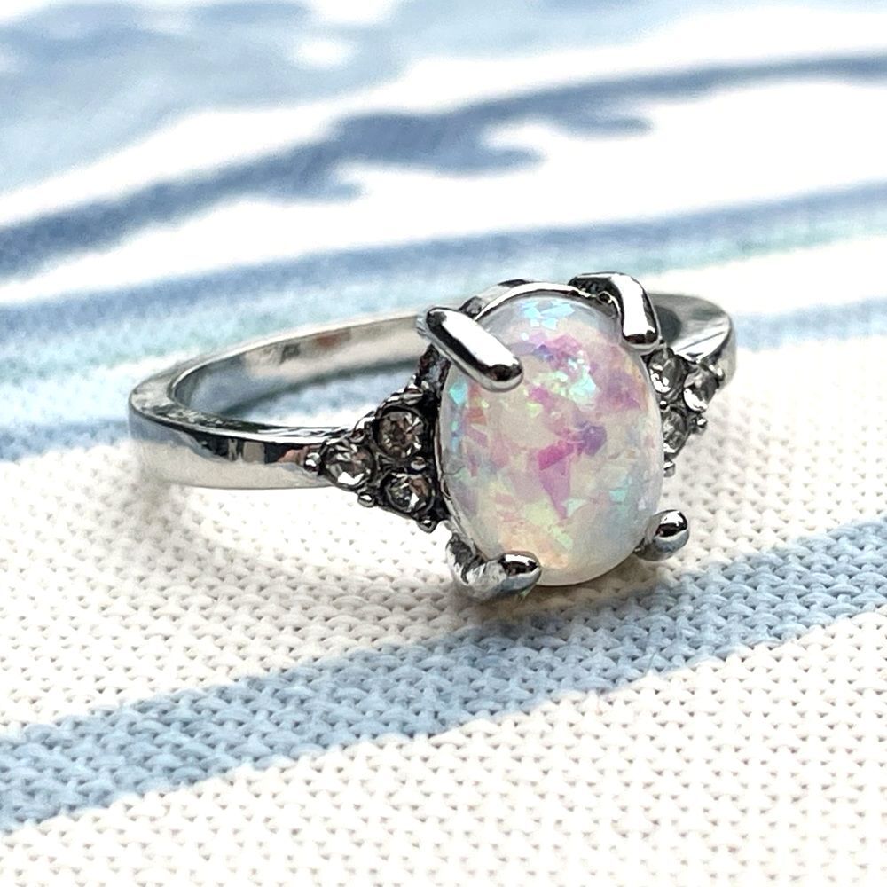 Opal your heart simulated silver tone ring size 5 6 8 9 gift new rhinestone